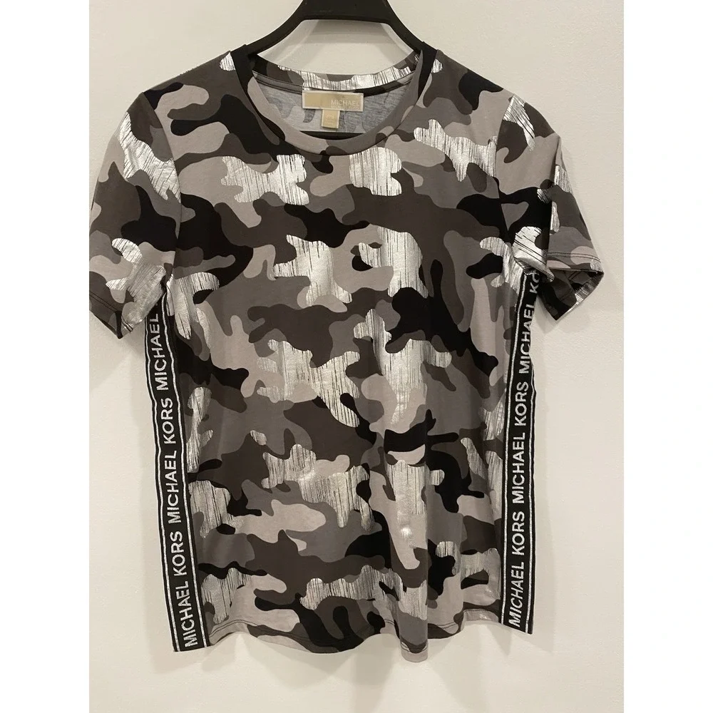 Michael Kors Womens T-Shirt P/S Black Silver Camo Foil‎ Logo Tee Top Street Glam